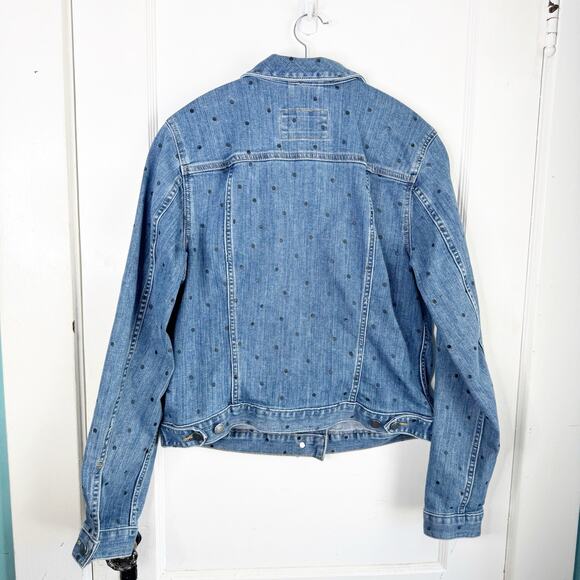 LOFT Collared Long Sleeve Polka Dot Denim Jacket Stretch Size Large L Preppy - Picture 9 of 12